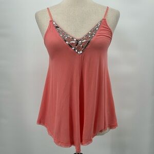 Vintage Candies Y2K Sequin Camisole Top‎ Size Medium Fairy Chiffon Hem Coral